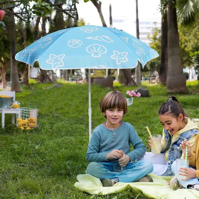 Alt view image 6 of 7 - 47 Inch Seaside Beach Umbrella for Sand Box Water Table Kids Durable Umbrellas for children Picnic Beach Camping Garden Outdoor Play Shade Blue Shell