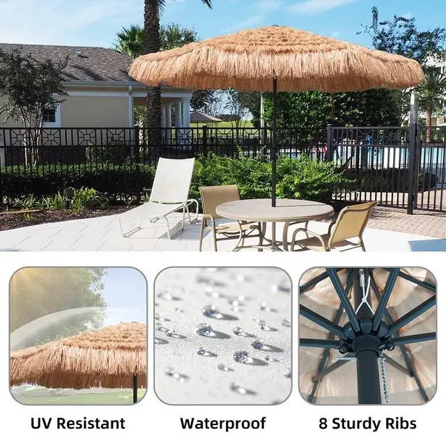 Alt view image 3 of 7 - 9ft Hula Thatched Tiki Umbrella Hawaiian Style Beach Patio Umbrella and 8 Ribs with Crank Lift UPF 50+ Outdoor Tiki Bar, Tropical Palapa, Patio Garden Beach Pool Backyard Natural Color