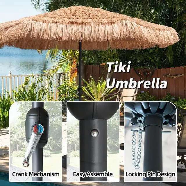 Alt view image 5 of 7 - 9ft Hula Thatched Tiki Umbrella Hawaiian Style Beach Patio Umbrella and 8 Ribs with Crank Lift UPF 50+ Outdoor Tiki Bar, Tropical Palapa, Patio Garden Beach Pool Backyard Natural Color