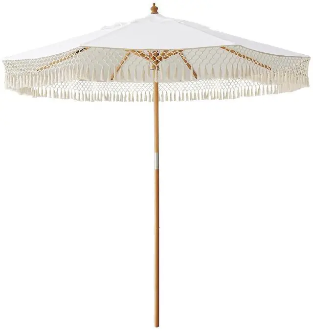 Main image of 8.5ft Luxury Premium Boho Patio Umbrella Wood Pole Fancy Bali-style Outdoor Umbrellas UPF 50+ Sun Protection with Pulley Lift Air Vent Tassel Fringe for Garden, Pool, Deck, Beach, Backyard, Events