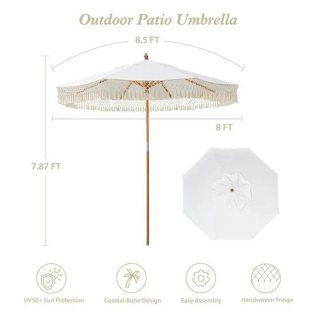 Alt view image 6 of 6 - 8.5ft Luxury Premium Boho Patio Umbrella Wood Pole Fancy Bali-style Outdoor Umbrellas UPF 50+ Sun Protection with Pulley Lift Air Vent Tassel Fringe for Garden, Pool, Deck, Beach, Backyard, Events