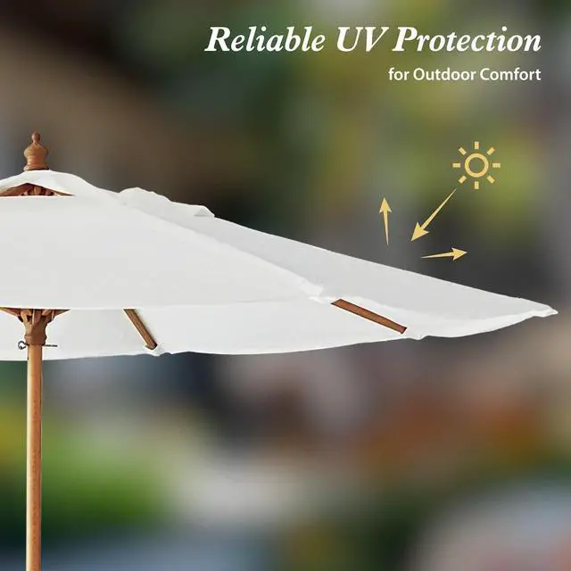 Alt view image 3 of 6 - 8.5ft Luxury Premium Boho Patio Umbrella Wood Pole Fancy Bali-style Outdoor Umbrellas UPF 50+ Sun Protection with Pulley Lift Air Vent Tassel Fringe for Garden, Pool, Deck, Beach, Backyard, Events