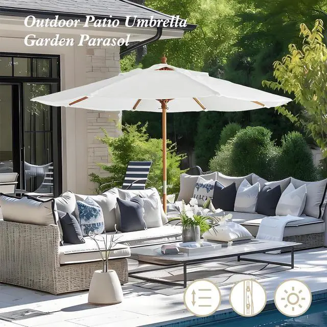 Alt view image 5 of 6 - 8.5ft Luxury Premium Boho Patio Umbrella Wood Pole Fancy Bali-style Outdoor Umbrellas UPF 50+ Sun Protection with Pulley Lift Air Vent Tassel Fringe for Garden, Pool, Deck, Beach, Backyard, Events