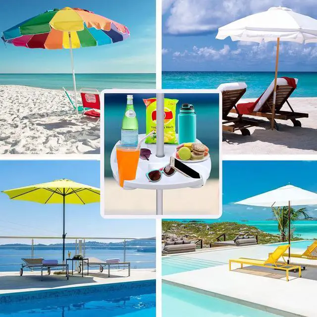 Alt view image 6 of 6 - 17" Beach Umbrella Table Tray with 4 Cup Holders, 4 Snack Compartments for Beach, Patio, Garden, Swimming Pool 17 Inch, White
