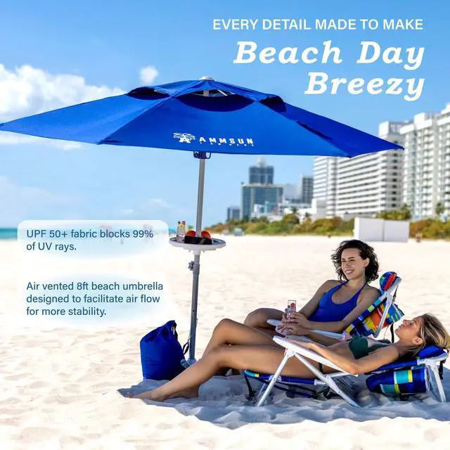 Alt view image 2 of 7 - 8ft Large Beach Umbrellas for Sand Heavy Huty Wind Portable Commercial Grade Patio Beach Umbrella with Sand Anchor Adjustable Height Air Vent UPF 50+ Telescoping Pole without tilt Dark Blue