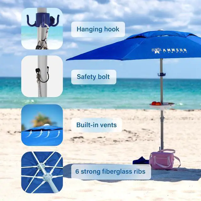 Alt view image 3 of 7 - 8ft Large Beach Umbrellas for Sand Heavy Huty Wind Portable Commercial Grade Patio Beach Umbrella with Sand Anchor Adjustable Height Air Vent UPF 50+ Telescoping Pole without tilt Dark Blue