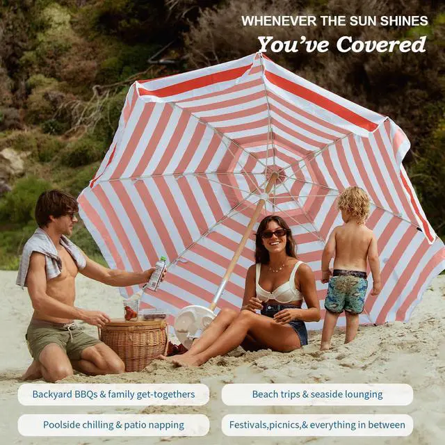 Alt view image 5 of 7 - 7.5ft Heavy Duty HIGH Wind Beach Umbrella Commercial Grade Patio Beach Umbrella with Air Vent Ash Wood Pole & Carry Bag UPF50+ Protection Red White