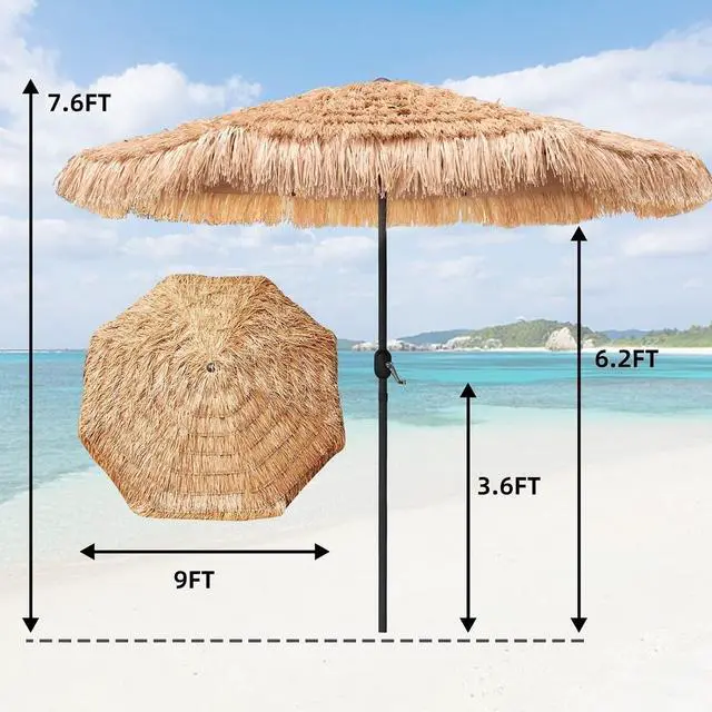 Alt view image 4 of 7 - 9ft Hula Thatched Tiki Umbrella Hawaiian Style Beach Patio Umbrella and 8 Ribs with Crank Lift UPF 50+ Outdoor Tiki Bar, Tropical Palapa, Patio Garden Beach Pool Backyard Natural Color