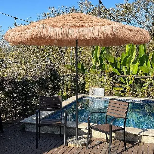 Alt view image 7 of 7 - 9ft Hula Thatched Tiki Umbrella Hawaiian Style Beach Patio Umbrella and 8 Ribs with Crank Lift UPF 50+ Outdoor Tiki Bar, Tropical Palapa, Patio Garden Beach Pool Backyard Natural Color