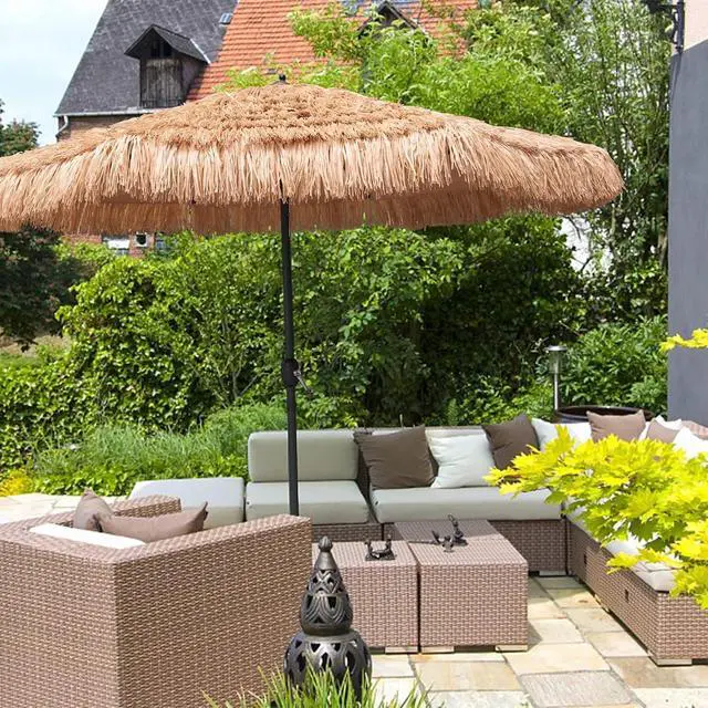 Alt view image 6 of 7 - 9ft Hula Thatched Tiki Umbrella Hawaiian Style Beach Patio Umbrella and 8 Ribs with Crank Lift UPF 50+ Outdoor Tiki Bar, Tropical Palapa, Patio Garden Beach Pool Backyard Natural Color