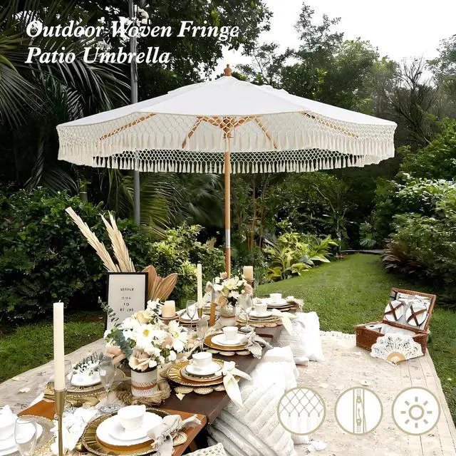 Alt view image 2 of 6 - 8.5ft Luxury Premium Boho Patio Umbrella Wood Pole Fancy Bali-style Outdoor Umbrellas UPF 50+ Sun Protection with Pulley Lift Air Vent Tassel Fringe for Garden, Pool, Deck, Beach, Backyard, Events