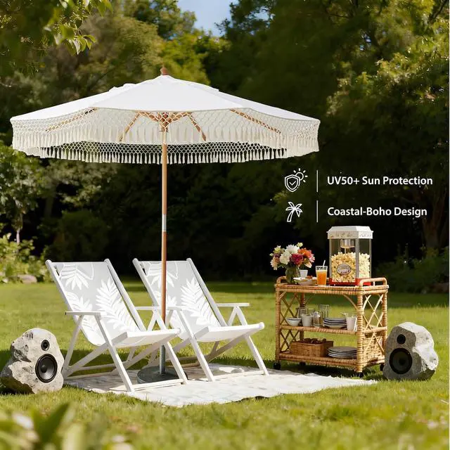 Alt view image 4 of 6 - 8.5ft Luxury Premium Boho Patio Umbrella Wood Pole Fancy Bali-style Outdoor Umbrellas UPF 50+ Sun Protection with Pulley Lift Air Vent Tassel Fringe for Garden, Pool, Deck, Beach, Backyard, Events