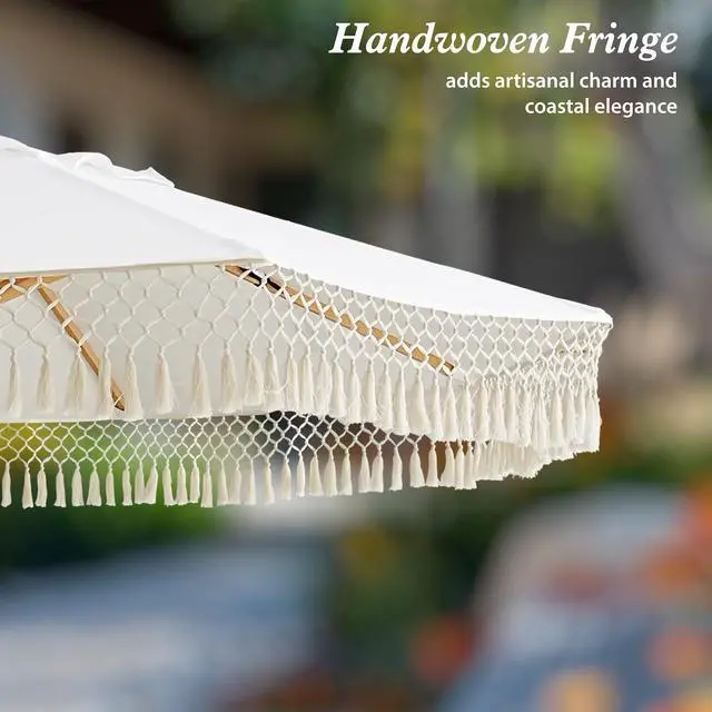Alt view image 5 of 6 - 8.5ft Luxury Premium Boho Patio Umbrella Wood Pole Fancy Bali-style Outdoor Umbrellas UPF 50+ Sun Protection with Pulley Lift Air Vent Tassel Fringe for Garden, Pool, Deck, Beach, Backyard, Events