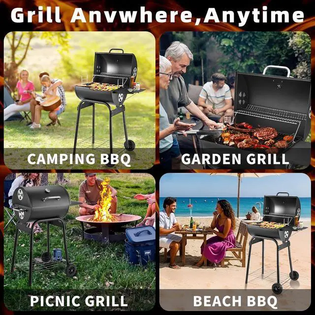 Alt view image 4 of 7 - Barrel Charcoal Grill, Large Charcoal Grills with Side Shelf, Outdoor BBQ Grill,Perfect for Backyard Camping, Patio Parties and Picnics