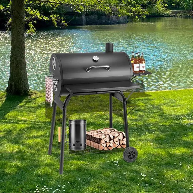Alt view image 7 of 7 - Barrel Charcoal Grill, Large Charcoal Grills with Front and Side Shelf, 627 Square Inches Cooking Grid, Outdoor BBQ Grill, Perfect for Backyard Camping, Patio Parties, and Picnics