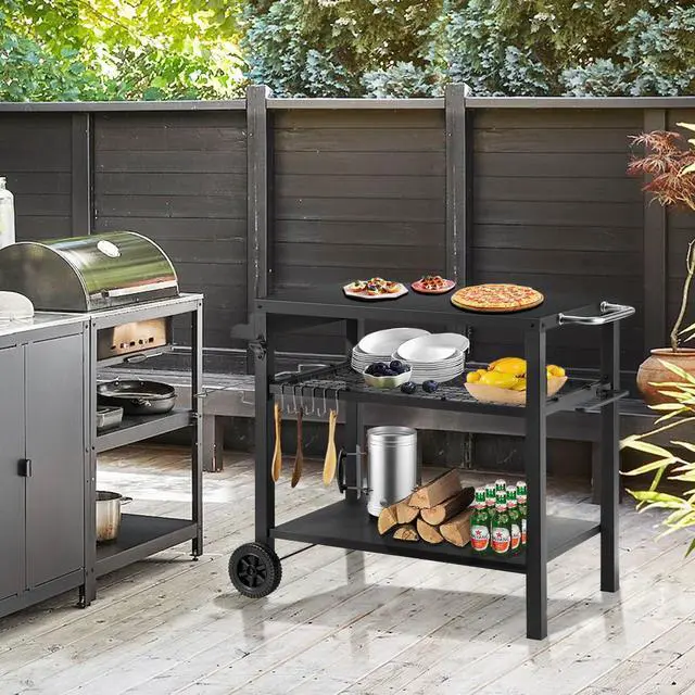 Alt view image 2 of 7 - Grill Cart Table with Three Shelf, Movable Outdoor Dining Cart Pizza Oven Stand with Three Hooks, Kitchen Cart Island Multifunction Food Prep Table (Black)