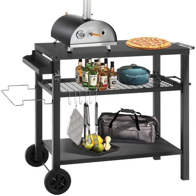 Main image of Grill Cart Table with Three Shelf, Movable Outdoor Dining Cart Pizza Oven Stand with Three Hooks, Kitchen Cart Island Multifunction Food Prep Table (Black)