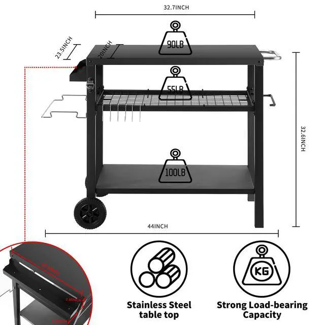 Alt view image 4 of 7 - Grill Cart Table with Three Shelf, Movable Outdoor Dining Cart Pizza Oven Stand with Three Hooks, Kitchen Cart Island Multifunction Food Prep Table (Black)