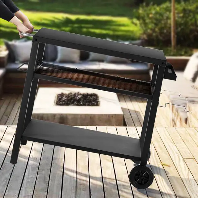Alt view image 3 of 7 - Grill Cart Table with Three Shelf, Movable Outdoor Dining Cart Pizza Oven Stand with Three Hooks, Kitchen Cart Island Multifunction Food Prep Table (Black)