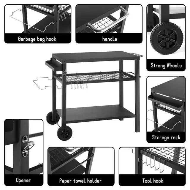 Alt view image 5 of 7 - Grill Cart Table with Three Shelf, Movable Outdoor Dining Cart Pizza Oven Stand with Three Hooks, Kitchen Cart Island Multifunction Food Prep Table (Black)