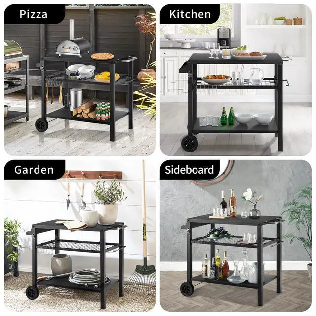 Alt view image 6 of 7 - Grill Cart Table with Three Shelf, Movable Outdoor Dining Cart Pizza Oven Stand with Three Hooks, Kitchen Cart Island Multifunction Food Prep Table (Black)