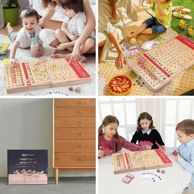 Alt view image 3 of 6 - Horse Race Board Game, Horse Racing Game, Board Game Set Foldable and Portable with 2 Sets of Cards, 2 Dice, and 12 Metal Horses (1-Pack)
