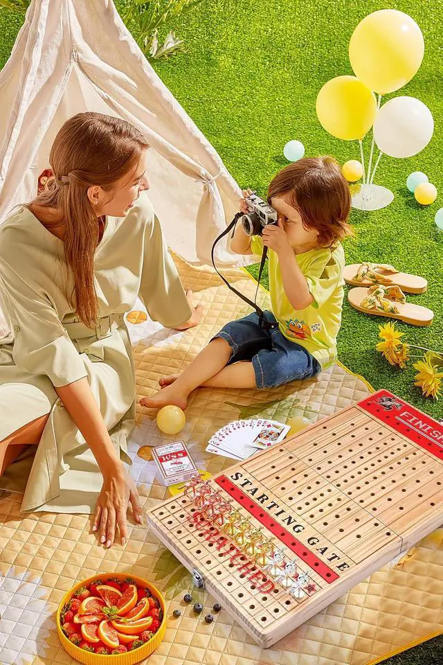 Alt view image 4 of 6 - Horse Race Board Game, Horse Racing Game, Board Game Set Foldable and Portable with 2 Sets of Cards, 2 Dice, and 12 Metal Horses (1-Pack)