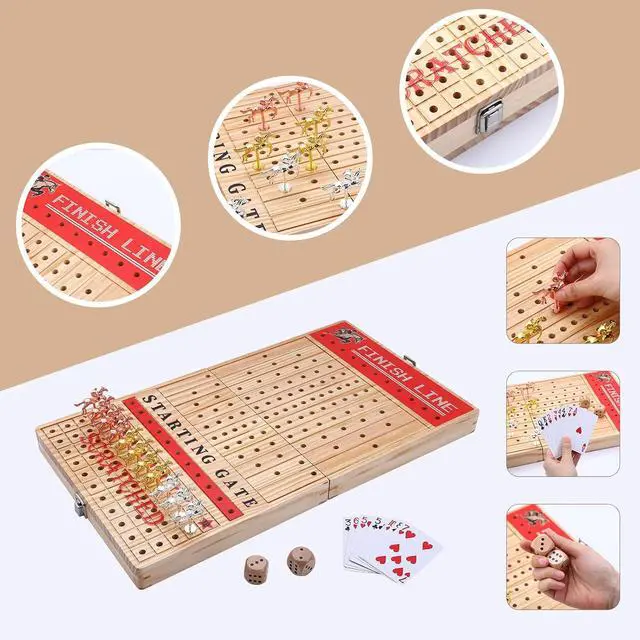 Alt view image 5 of 6 - Horse Race Board Game, Horse Racing Game, Board Game Set Foldable and Portable with 2 Sets of Cards, 2 Dice, and 12 Metal Horses (1-Pack)
