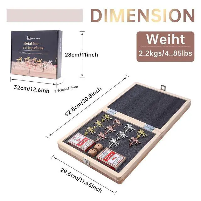 Alt view image 6 of 6 - Horse Race Board Game, Horse Racing Game, Board Game Set Foldable and Portable with 2 Sets of Cards, 2 Dice, and 12 Metal Horses (1-Pack)