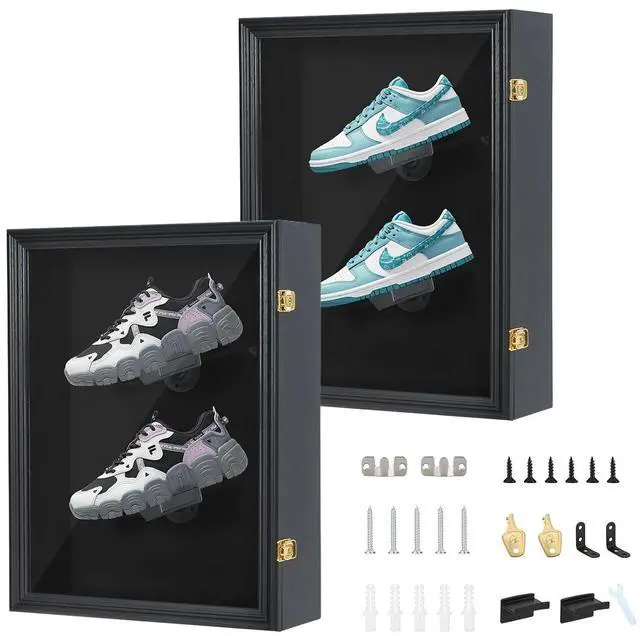 Main image of Shoe Display Frame Case, Sneaker Display Cabinet, Wall Mount Shoe Rack, Wooden Shoe Storage Box, Lockable, 98% UV Protection, for Sports Shoes (2 Pack)