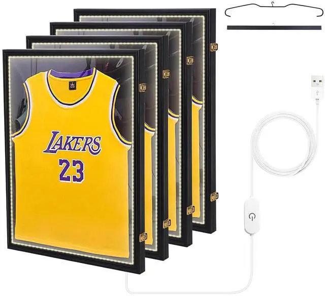 Main image of Jersey Frame Display Case with Lights, Jersey Shadow Box Display Case, Football Jersey Display Case with LED, 98% UV Protection, Valet Pinboard, Acrylic, Basketball (LED-4 Pack), Black