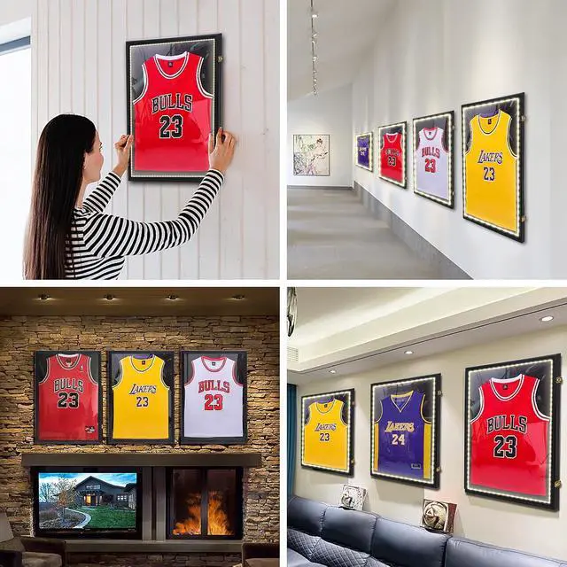 Alt view image 6 of 6 - Jersey Frame Display Case with Lights, Jersey Shadow Box Display Case, Football Jersey Display Case with LED, 98% UV Protection, Valet Pinboard, Acrylic, Basketball (LED-4 Pack), Black