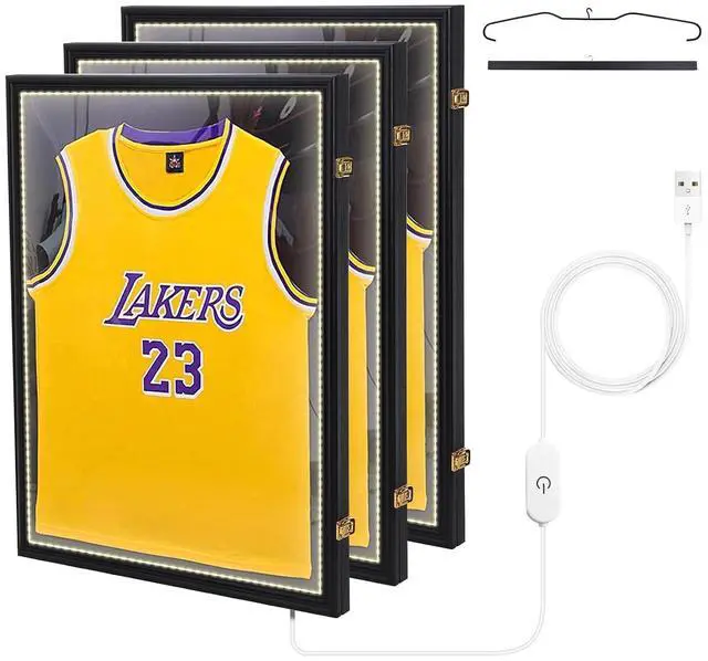 Main image of Jersey Frame Display Case with Lights, LED 3 Pack, UV Protection, Valet Pinboard, Acrylic, Basketball