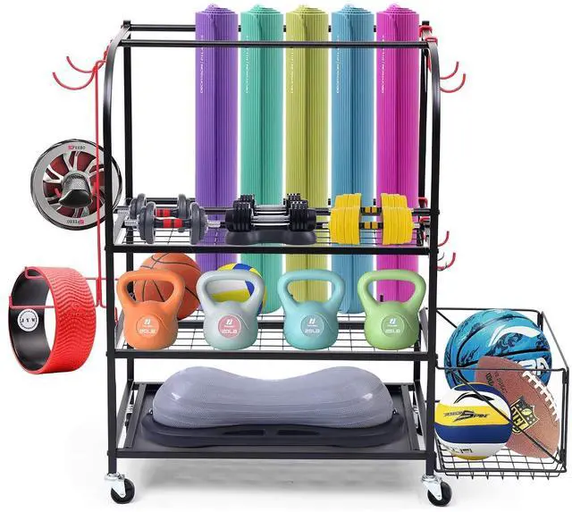 Main image of Outdoor Toy Storage, Garage Organization, Sports Equipment Organizer, Rolling Garage Storage System, Ball Storage Rack, Yoga Mat Storage with Hooks and Basket (3-Layer)
