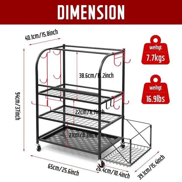 Alt view image 3 of 7 - Outdoor Toy Storage, Garage Organization, Sports Equipment Organizer, Rolling Garage Storage System, Ball Storage Rack, Yoga Mat Storage with Hooks and Basket (3-Layer)