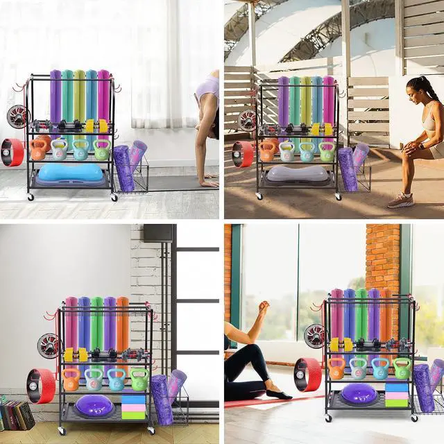 Alt view image 2 of 7 - Outdoor Toy Storage, Garage Organization, Sports Equipment Organizer, Rolling Garage Storage System, Ball Storage Rack, Yoga Mat Storage with Hooks and Basket (3-Layer)