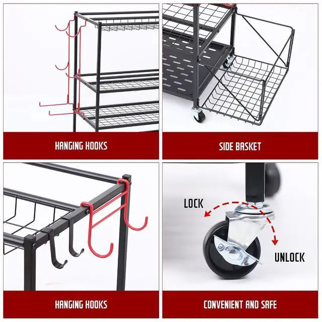 Alt view image 5 of 7 - Outdoor Toy Storage, Garage Organization, Sports Equipment Organizer, Rolling Garage Storage System, Ball Storage Rack, Yoga Mat Storage with Hooks and Basket (3-Layer)