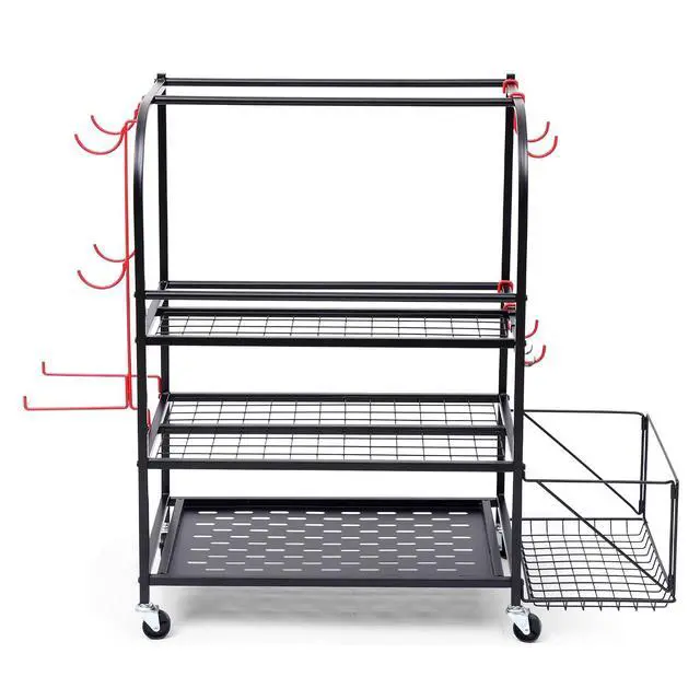 Alt view image 6 of 7 - Outdoor Toy Storage, Garage Organization, Sports Equipment Organizer, Rolling Garage Storage System, Ball Storage Rack, Yoga Mat Storage with Hooks and Basket (3-Layer)