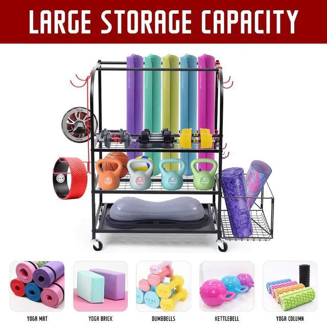 Alt view image 7 of 7 - Outdoor Toy Storage, Garage Organization, Sports Equipment Organizer, Rolling Garage Storage System, Ball Storage Rack, Yoga Mat Storage with Hooks and Basket (3-Layer)