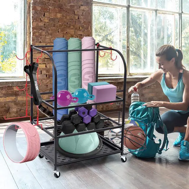 Alt view image 4 of 7 - Outdoor Toy Storage, Garage Organization, Sports Equipment Organizer, Rolling Garage Storage System, Ball Storage Rack, Yoga Mat Storage with Hooks and Basket (3-Layer)