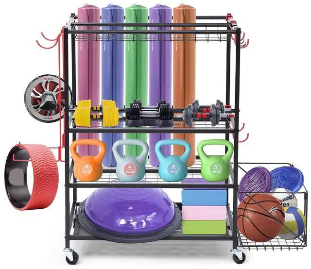 Main image of Outdoor Toy Storage, Garage Organization, Sports Equipment Organizer, Rolling Garage Storage System, Ball Storage Rack, Yoga Mat Storage with Hooks and Basket (4-Layer)