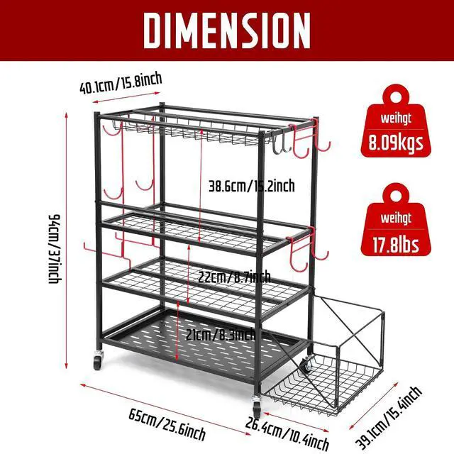 Alt view image 4 of 7 - Outdoor Toy Storage, Garage Organization, Sports Equipment Organizer, Rolling Garage Storage System, Ball Storage Rack, Yoga Mat Storage with Hooks and Basket (4-Layer)