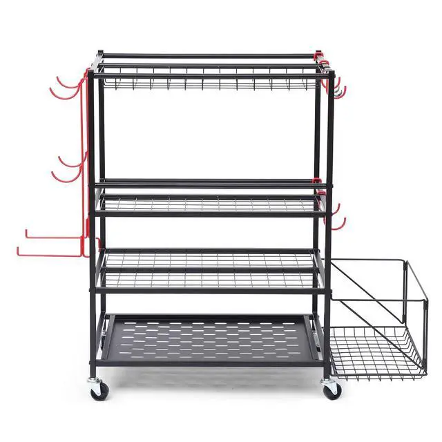 Alt view image 6 of 7 - Outdoor Toy Storage, Garage Organization, Sports Equipment Organizer, Rolling Garage Storage System, Ball Storage Rack, Yoga Mat Storage with Hooks and Basket (4-Layer)