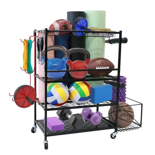 Alt view image 7 of 7 - Outdoor Toy Storage, Garage Organization, Sports Equipment Organizer, Rolling Garage Storage System, Ball Storage Rack, Yoga Mat Storage with Hooks and Basket (4-Layer)