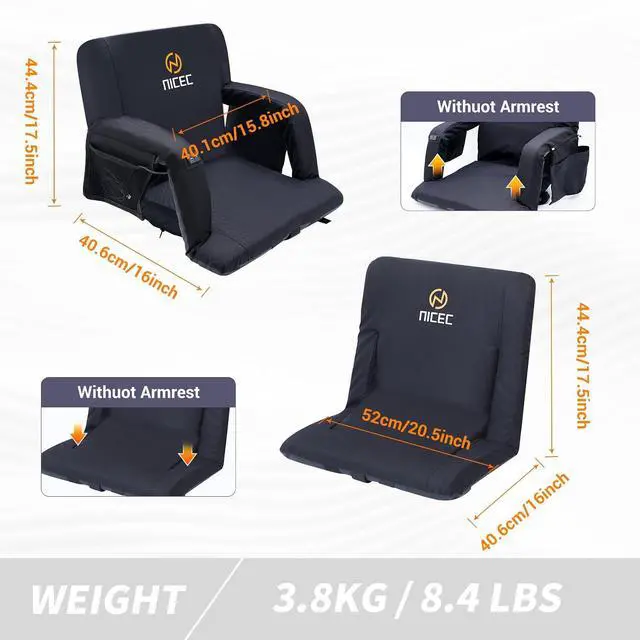 Alt view image 2 of 6 - Heated Massage Stadium Seats with Battery, Bleacher Seats, Floor Chair, Reclining Waterproof Cushion, Foldable, Thick Padding, with Shoulder Straps & Side Pockets, Power Bank Included
