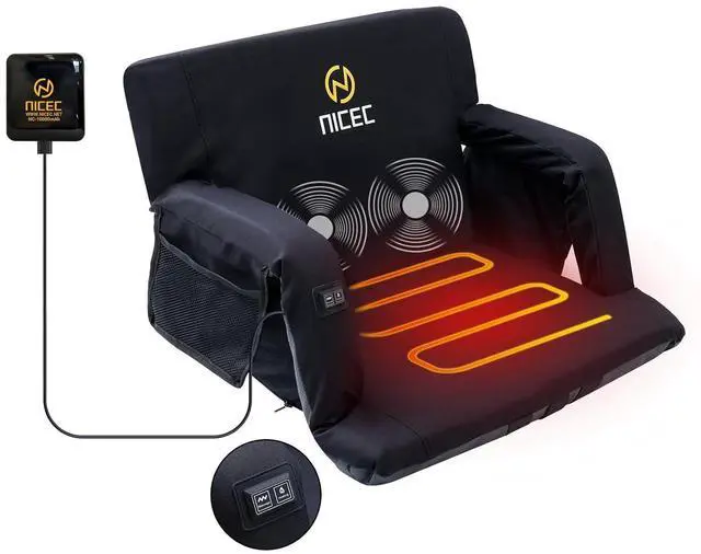 Main image of Heated Massage Stadium Seats with Battery, Bleacher Seats, Floor Chair, Reclining Waterproof Cushion, Foldable, Thick Padding, with Shoulder Straps & Side Pockets, Power Bank Included