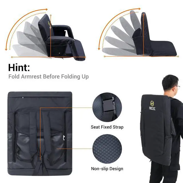 Alt view image 3 of 6 - Heated Massage Stadium Seats with Battery, Bleacher Seats, Floor Chair, Reclining Waterproof Cushion, Foldable, Thick Padding, with Shoulder Straps & Side Pockets, Power Bank Included