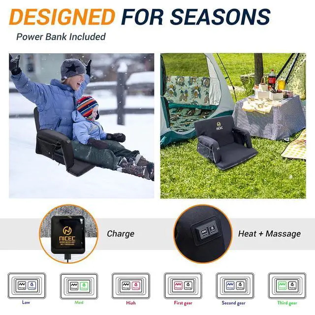 Alt view image 4 of 6 - Heated Massage Stadium Seats with Battery, Bleacher Seats, Floor Chair, Reclining Waterproof Cushion, Foldable, Thick Padding, with Shoulder Straps & Side Pockets, Power Bank Included