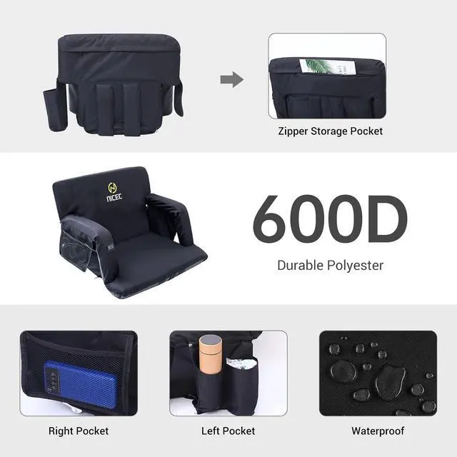 Alt view image 5 of 6 - Heated Massage Stadium Seats with Battery, Bleacher Seats, Floor Chair, Reclining Waterproof Cushion, Foldable, Thick Padding, with Shoulder Straps & Side Pockets, Power Bank Included