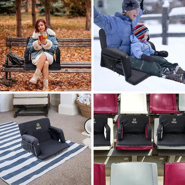 Alt view image 6 of 6 - Heated Massage Stadium Seats with Battery, Bleacher Seats, Floor Chair, Reclining Waterproof Cushion, Foldable, Thick Padding, with Shoulder Straps & Side Pockets, Power Bank Included